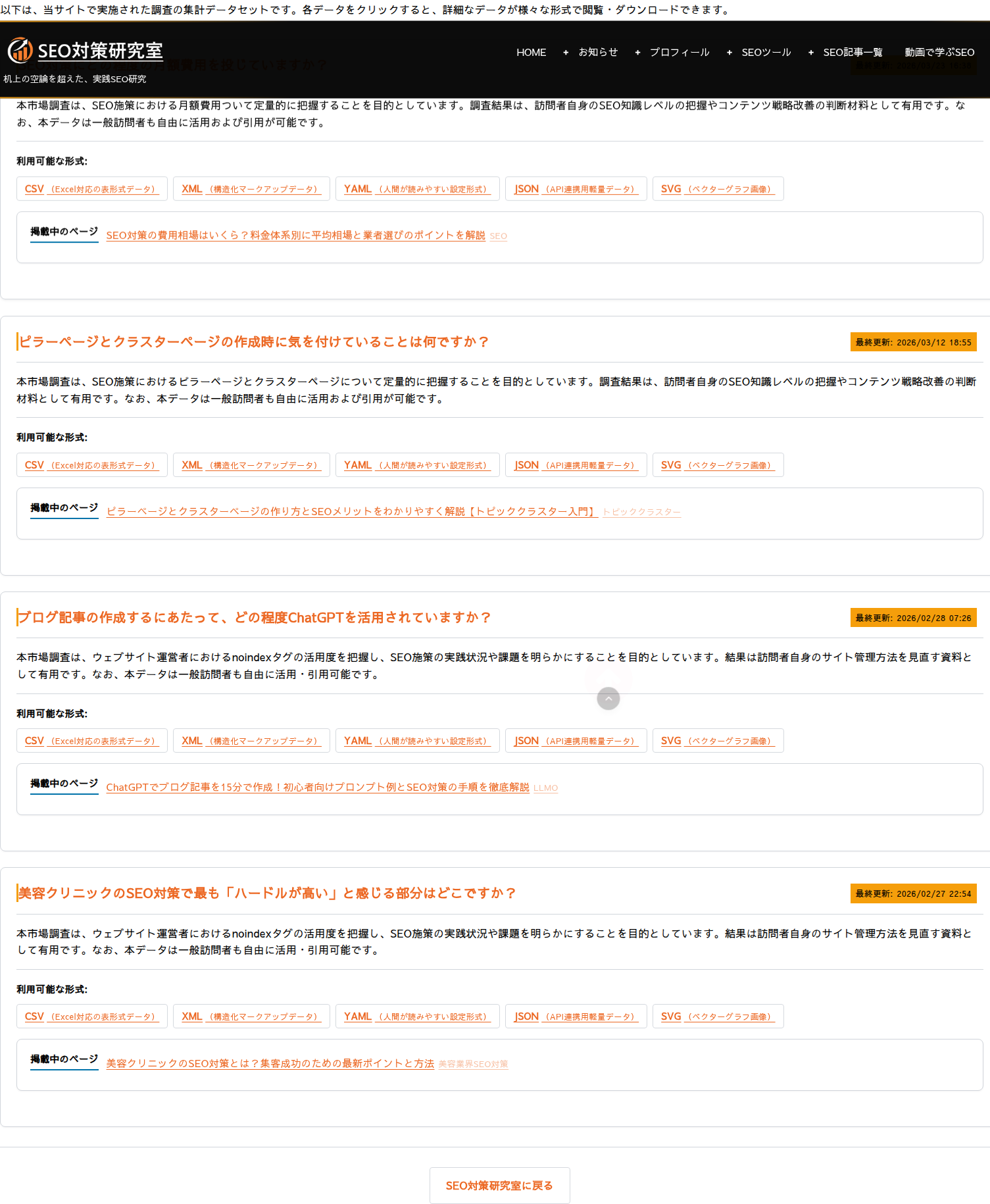 データセット一覧ページ。各アンケートがカードで並び、5形式のリンクが付いている