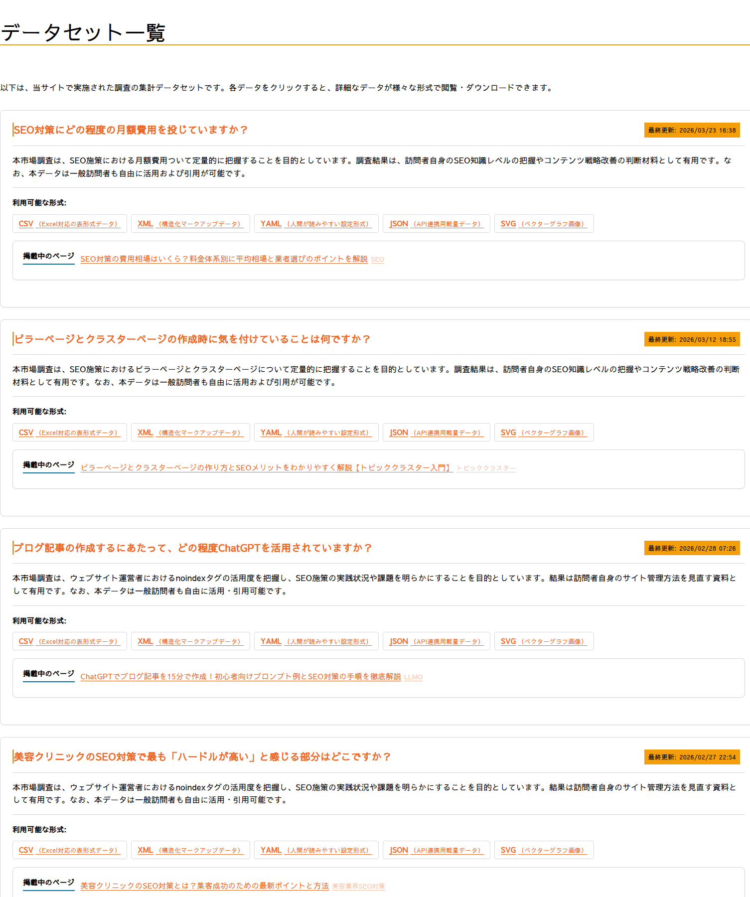 データセット一覧ページ。見出し、導入文、データセットごとのカード
